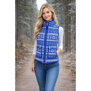 J Crew Puffy Winter Vest Womens PXS Blue White Pockets Fair Isle Excursion Oute